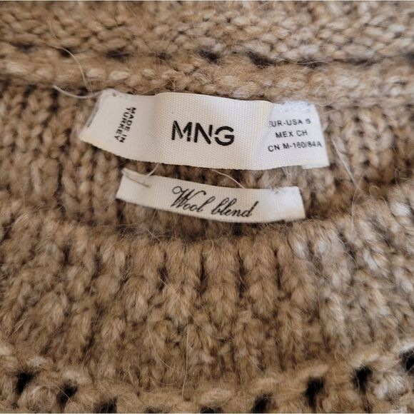 MANGO tan openwork‎ cable crew neck knit wool alpaca blend sweater S - Picture 5 of 8